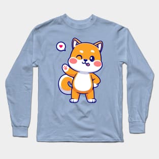 Cute Shiba Inu Dog Waving Hand Cartoon Long Sleeve T-Shirt